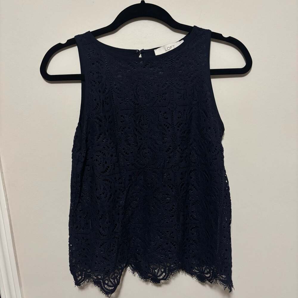 LOFT Navy Blue Floral Lace Overlay Sleeveless Shell Top